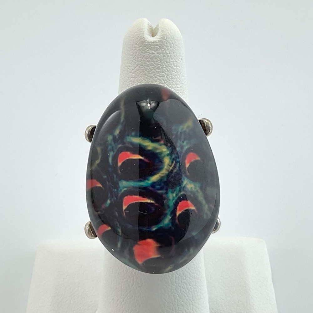 Vintage Peacock Statement Ring, Mod, Cocktail Ring, Peacock Feather Pattern